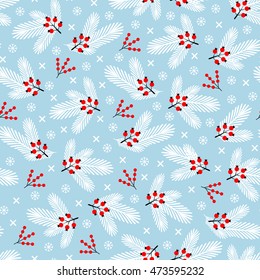Cute Merry Christmas and Happy New year seamless pattern with pine branches, snowflakes and berries on blue background. Winter vector illustration for scrapbooking, fabrics, posters, greeting cards.