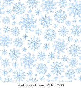 Cute Merry Christmas and Happy New year seamless pattern with snowflakes on white background. Winter vector illustration for wrapping paper, textiles, greeting cards, etc.
