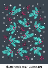 Cute Merry Christmas and Happy New year card design with pine branches, snowflakes and berries on dark background. Winter vector illustration for scrapbooking, fabrics, posters, greeting cards.
