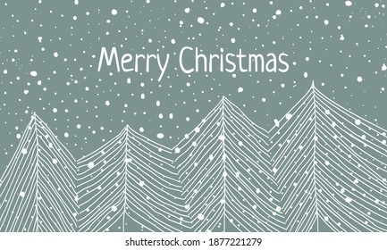 Cute Merry Christmas holiday card with cartoon doodle fir trees in forest falling snow on vintage background. Retro style vector illustration