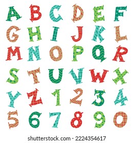 Cute Merry Christmas Holiday Party Alphabet Number Numeral font Letter design hand draw cartoon Christmas Celebration Christmas Texture Abstract Doodle Pattern vector illustration for Decoration 