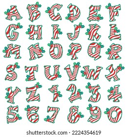 Cute Merry Christmas Holiday Party Candy Cane Holly Lollipop Alphabet Number Numeral font Letter design hand draw cartoon Christmas Celebration Christmas Swirl Texture vector illustration Decoration 