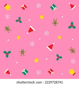 Cute Merry Christmas Holly Star Present Gift Box Snowflake Gingerbread Man Christmas Hat Bell Confetti Element Ditsy Memphis Abstract Colorful Pink Seamless Pattern Background for Christmas Party