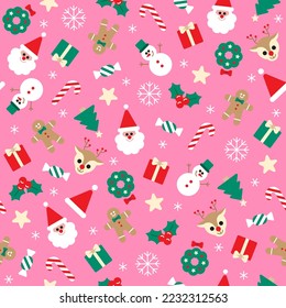 Cute Merry Christmas Holly Star Present Gift Box Snowflake Gingerbread Man Christmas Hat Bell Confetti Element Ditsy Memphis Abstract Colorful Pink Seamless Pattern Background for Christmas Party