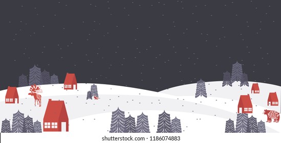 Cute Merry Christmas Horisontal Background With Winter Landscape And Elements In The Scandinavian Style. Editable Vector Illustration