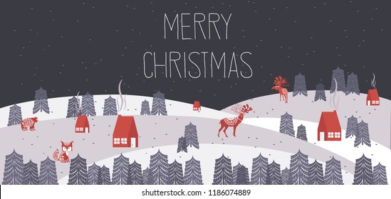 Cute Merry Christmas Horisontal Greeting Card With Winter Landscape And Elements In The Scandinavian Style. Editable Vector Illustration