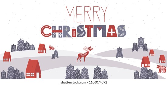 Cute Merry Christmas horisontal greeting card with winter landscape and elements in the Scandinavian style. Editable vector illustration