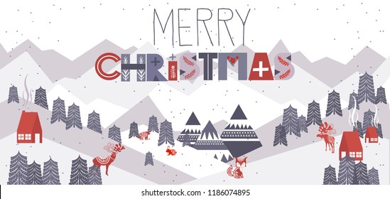 Cute Merry Christmas horisontal greeting card with winter landscape and elements in the Scandinavian style. Editable vector illustration