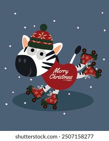 Cute Merry Christmas Illustration with Zebra and Hat, Roller Skates