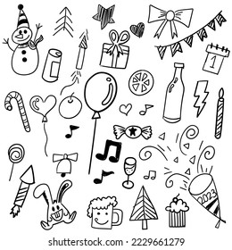 Cute Merry Christmas and New year 2023 doodle.Black and White, t-shirt print, vector design
