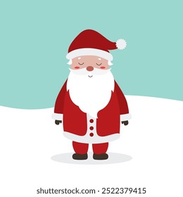 Cute Merry Christmas and New Year card with cute Santa Claus on a snow. Holiday cartoon character in the winter season.
