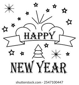 Cute Merry Christmas and New year 2025 doodle Black and White tshirt print vector design
