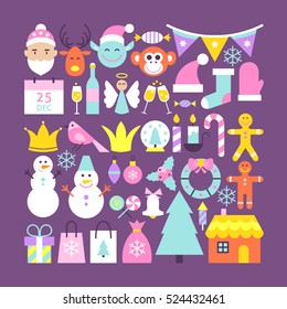 Cute Merry Christmas Objects. Flat Design Vector Illustration. Happy New Year Colorful Items. 