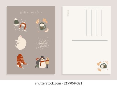 Cute Merry Christmas postcard template, front and back. Winter Holiday cozy greeting card design concept. Snowman, snowflake, knitted socks. Traditional colors, vector cartoon flat style illustration