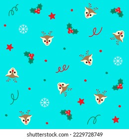 Cute Merry Christmas Rudolph Reindeer Snowflake Holly Mistletoe Star Confetti Element Ditsy Shine Polkadot Spring Line Memphis Abstract Colorful Blue Seamless Pattern Background for Christmas Party