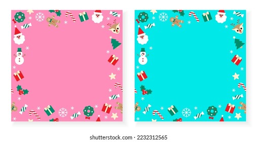 Cute Merry Christmas Santa Claus Holly Present Gift Box Snowflake Gingerbread Man Snowman Bell Confetti Decorative Square Post Card Poster Banner Pink Blue Background Copy Space Template Frame