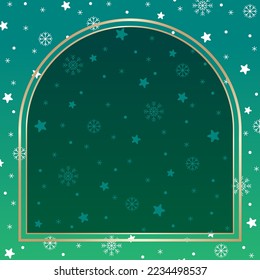 Cute Merry Christmas Santa Claus Winter Snow Snowflake Snowman Confetti Decorative Square Post Card Poster Banner Green Gold Background Copy Space Arch Template Border Frame for Christmas Advertising