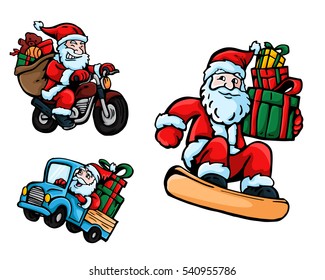 Cute Merry Christmas Santa Claus Delivering Gift Character Set