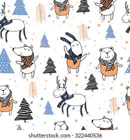 Cute Merry christmas seamless background with cute animal and christmas Tree. Lovely cartoon background with holiday symbols. Blue color background.