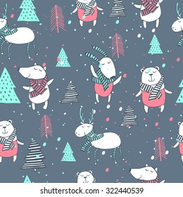 Cute Merry christmas seamless background with cute animal and christmas Tree. Lovely cartoon background with holiday symbols. Blue color background.