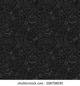Frohe Weihnachten Nahtlose Muster mit Winterurlaubssymbolen. Schwarz-Weiß, monochrome Linie Kunstdesign. VektorStock-Illustration.