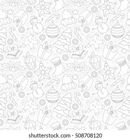 Cute Merry Christmas Seamless Pattern with Winter Holiday Symbols. Black and White, Monochrome line art design. Vector Stock Illustration.