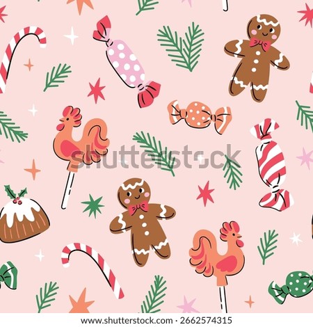 Cute merry Christmas seamless pattern with sweets and christmas tree branches. Hand drawn holiday vector illustration. Funny new year seamless print design for fabric or wrapping paper