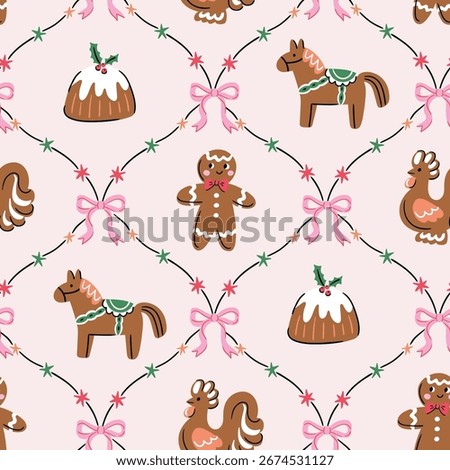 Cute merry Christmas seamless pattern with christmas bakery. Hand drawn holiday vector illustration. Funny new year sweet food seamless print design for fabric or wrapping paper
