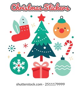 Cute merry Christmas snowman stickers, cartoon Santa design, trendy festive xmas icon.