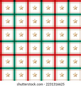 Cute Merry Christmas Star Red Green Christmas Tree Make A Wish Line Stripe Striped Line Mesh Grid Checkered Plaid Tartan Buffalo Scott Gingham Background Seamless Pattern for Christmas Festival Party