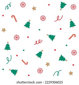 Cute Merry Christmas Star Snowflake Christmas Tree Candy Cane Confetti Element Ditsy Shine Small Polkadot dot Spring Line Abstract Colorful Red Green Seamless Pattern Background for Christmas Party