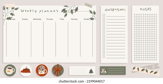 Cute Merry Christmas stationery template. Winter Holiday cozy weekly planner, stickers, labels, to do list, notes design concept. Traditional colored Christmas elements, vector cartoon flat style