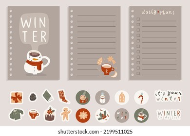 Cute Merry Christmas stationery template collection. Winter Holiday cozy stickers, cover, to do list, notes, check list design concept. Traditional festive elements, vector cartoon flat style