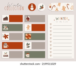 Cute Merry Christmas stationery template collection. Winter Holiday cozy stickers, to do list, gift tags, cards, check list with Christmas element design concept. Traditional vector cartoon flat style