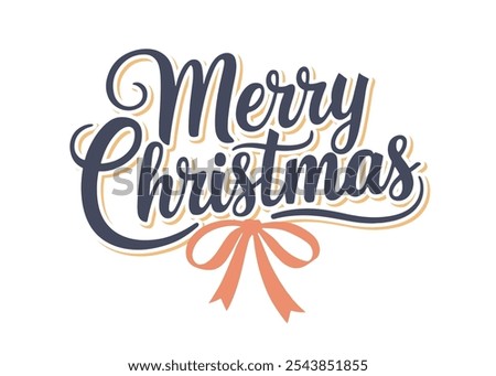 Cute Merry Christmas text with a bow. Holiday greeting banner. Vector illustration.