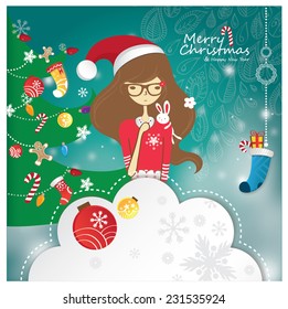 Cute Merry Christmas Tree Decoration With Christmas Girl