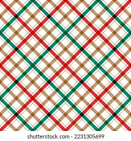 Cute Merry Christmas Tree Red Green Christmas Tree Line Diagonal Stripe Striped Line Mesh Grid Checkered Plaid Tartan Buffalo Scott Gingham Background Seamless Pattern for Christmas Festival Party