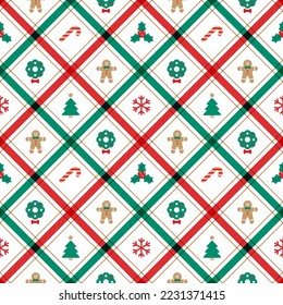 Cute Merry Christmas Tree Red Green Blue Christmas Tree Line Diagonal Stripe Striped Line Tilt Checkered Plaid Tartan Buffalo Scott Gingham Background Seamless Pattern for Christmas Festival