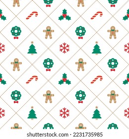 Cute Merry Christmas Tree Red Green Blue Christmas Tree Dash Line Diagonal Stripe Striped Line Mesh Grid Checkered Plaid Tartan Buffalo Scott Gingham Background Seamless Pattern for Christmas Festival