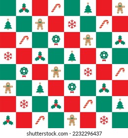 Cute Merry Christmas Tree Red Green Holly Candy Cane Gingerbread Wreath Snowflake Stripe Striped Check Checkered Plaid Tartan Buffalo Scott Gingham Background Seamless Pattern 