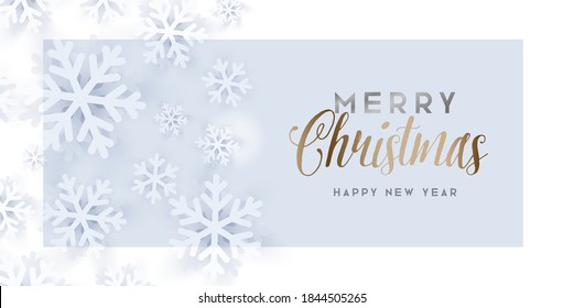 Cute Merry Christmasand happy new year greeting card with white in white snowflakes and golden calligrapy, gentel congratulation banner