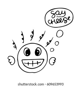 Cute merry fellow with big smile emoticon say cheese. Emoji, smiley - vector sign illustration