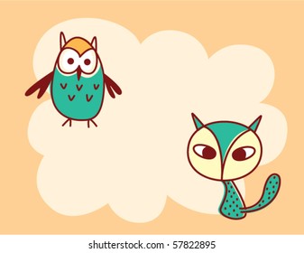 cute merry kitten and owl