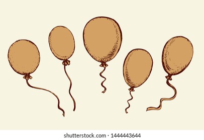 Cute merry rise oxygen gas ball flight isolated on white sky air backdrop. Freehand outline ink hand drawn picture sketch in art retro joy scribble style pen on paper. View close up and space for text