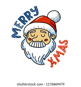 Cute Merry Xmas, Christmas greeting card with santa claus and scandinavian style text, vector illustration isolated on white background. Merry Christmas greeting card with funny santa claus