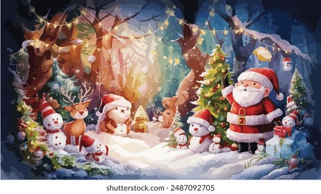 cute mesmerizing Christmas forest landscape. The scene is filled with a mix with snow and twinkling lights.