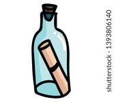 Cute message in a bottle cartoon vector illustration motif set. Hand drawn isolated castaway note elements clipart for seafaring blog, parchment graphic, discovery web buttons.