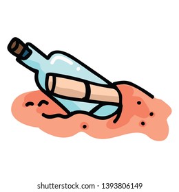 Cute message in a bottle in sand cartoon vector illustration motif set. Hand drawn isolated castaway note elements clipart for seafaring blog, parchment graphic, discovery web buttons.