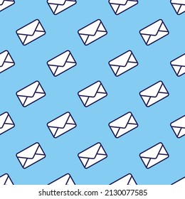 Cute Message Envelope with outline seamless pattern. Post office Icon. Simple Electonic mail or email symbol vector. Document Letter Envelope illustration icon on bright pastel blue background color. 