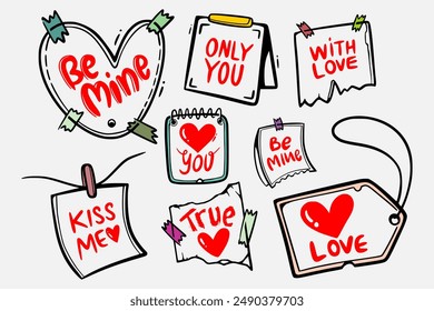 Cute Message for Valentine's Day. Notes on paper I love you. Vector doodle illustration in red hearts